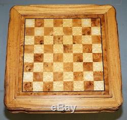 Vintage Burr, Burl Et Naturel Noyer Chess Table Avec Tiroir Simple Et Pièces