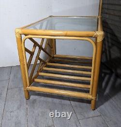 Vintage Chippendale Bamboo Rattan Glass Top End Table Asiatique Boho Chic Coastal
